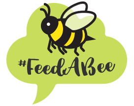whimsical graphic of a chat bubble with a bee inside it. The Text under the bee reads "#FeedABee"
